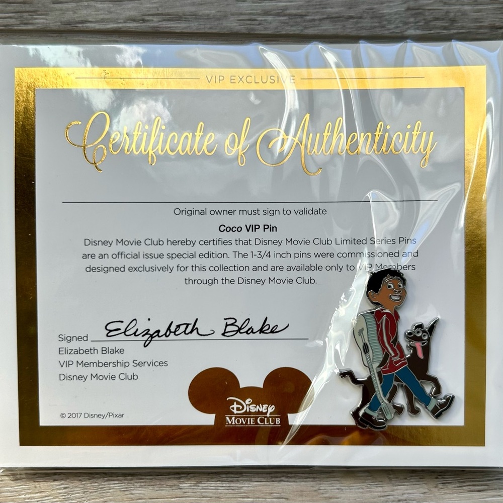 Disney Movie Club Exclusive Coco VIP pin featuring Miguel and Dante